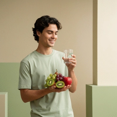 Person holding a glass of water and a variety of fruits and vegetables, representing natural electrolyte sources, with a health-focused background, no text, no words, no typography, clean image