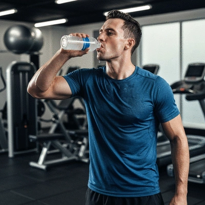 Athlete drinking electrolyte drink after intense workout, dynamic action shot