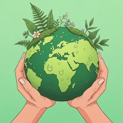 Hands holding a globe with water droplets and plants, symbolizing water conservation
