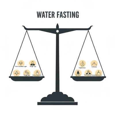 Conceptual image representing benefits versus risks, with scales balancing health benefits and potential dangers of water fasting