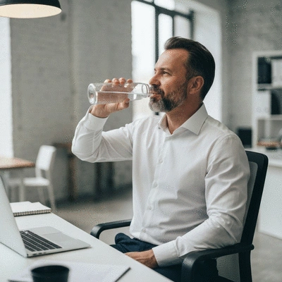 Professional drinking water at desk
