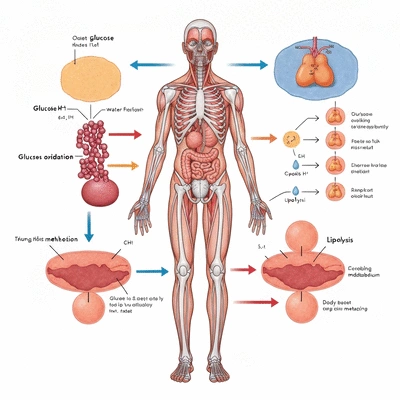 Scientific illustration of human body shifting from glucose to fat burning during water fasting
