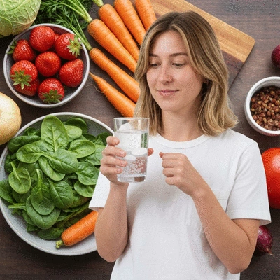 Person holding a glass of water with electrolytes and a balanced diet