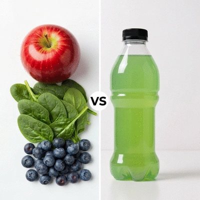 Side-by-side comparison image of fresh fruits and vegetables on one side and a bottle of a commercial sports drink on the other, representing natural vs synthetic electrolytes. Bright, clean studio lighting, no text, no words, no typography, clean image