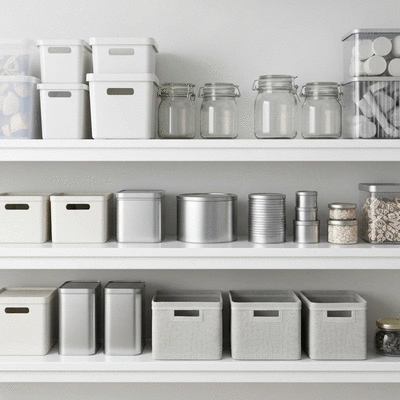 Various types of storage containers on a shelf, including plastic, glass, and metal