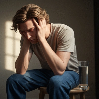 Person feeling fatigued due to dehydration, holding their head, with a glass of water nearby