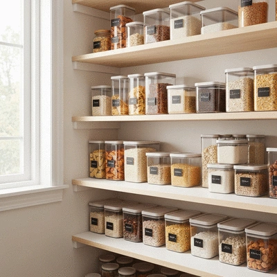 Kitchen pantry with various organized food storage containers